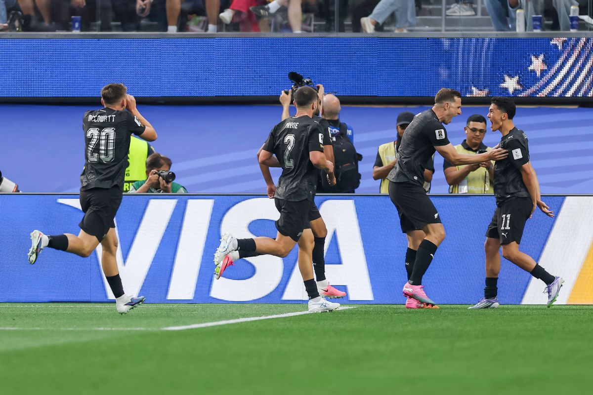 Elijah Just #11 of New Zealand celebrates with teammates after scoring a goal during a 2026 FIFA World Cup match against Iran, Monday June 15, 2026 in Inglewood, Calif. Elijah Just #11 of New Zealand celebrates with teammates after scoring a goal during a 2026 FIFA World Cup match against Iran, Monday June 15, 2026 in Inglewood, Calif.