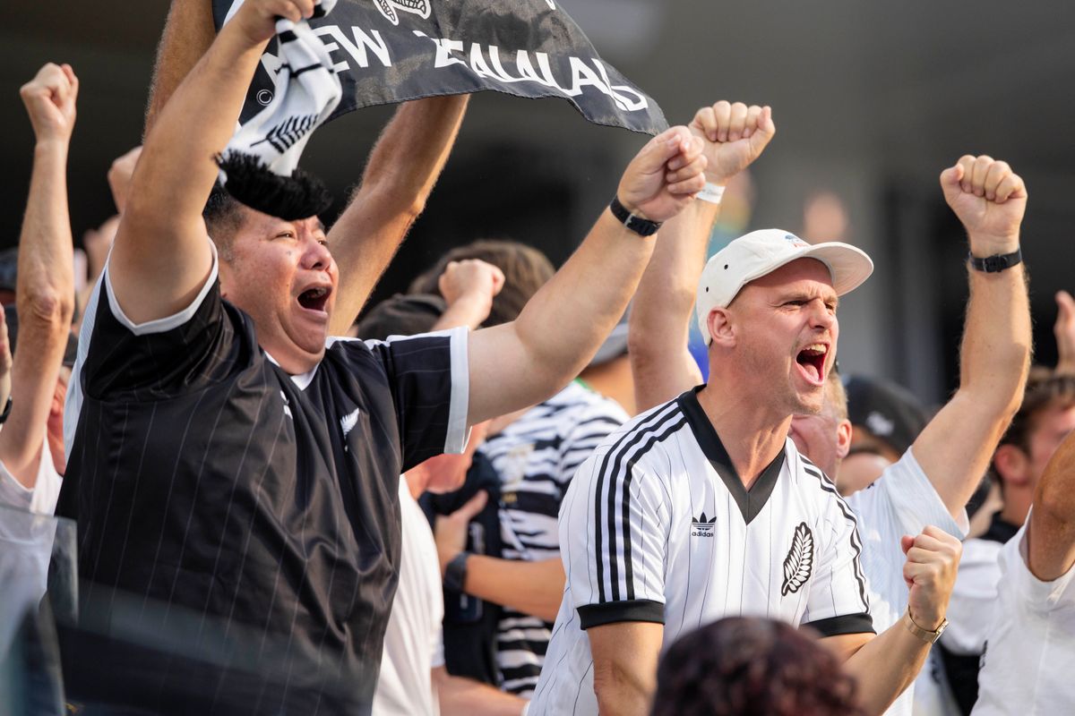 New Zealand fans celebrate a goal during a 2026 FIFA World Cup match against Iran, Monday June 15, 2026 in Inglewood, Calif. New Zealand fans celebrate a goal during a 2026 FIFA World Cup match against Iran, Monday June 15, 2026 in Inglewood, Calif.