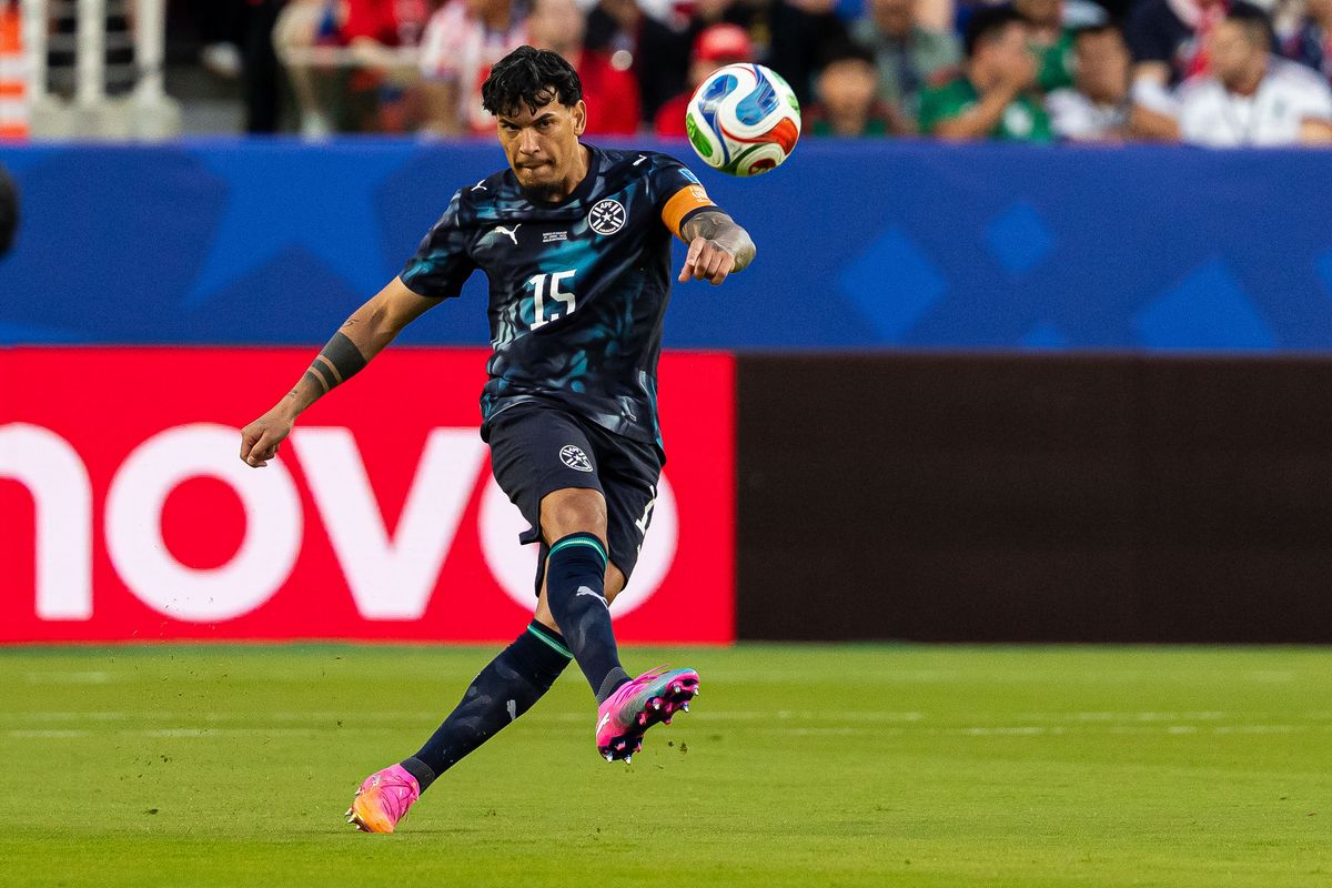 Gustavo Gomez (15) of Paraguay kicks the ball during a 2026 FIFA World Cup match against Paraguay, Friday June 19th, 2026 in Santa Clara, Calif. Gustavo Gomez (15) of Paraguay kicks the ball during a 2026 FIFA World Cup match against Paraguay, Friday June 19th, 2026 in Santa Clara, Calif.