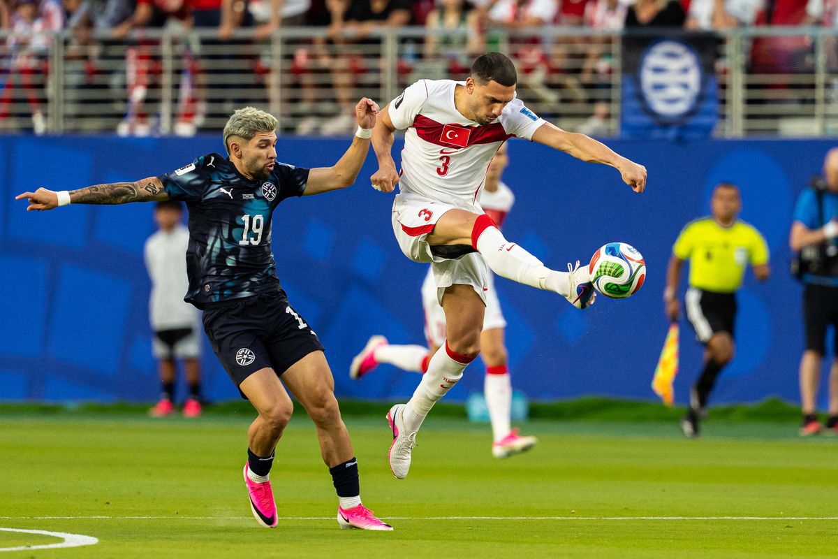 Merih Demiral (3) of Turkiye kicks the ball during a 2026 FIFA World Cup match against Paraguay, Friday June 19th, 2026 in Santa Clara, Calif. Merih Demiral (3) of Turkiye kicks the ball during a 2026 FIFA World Cup match against Paraguay, Friday June 19th, 2026 in Santa Clara, Calif.