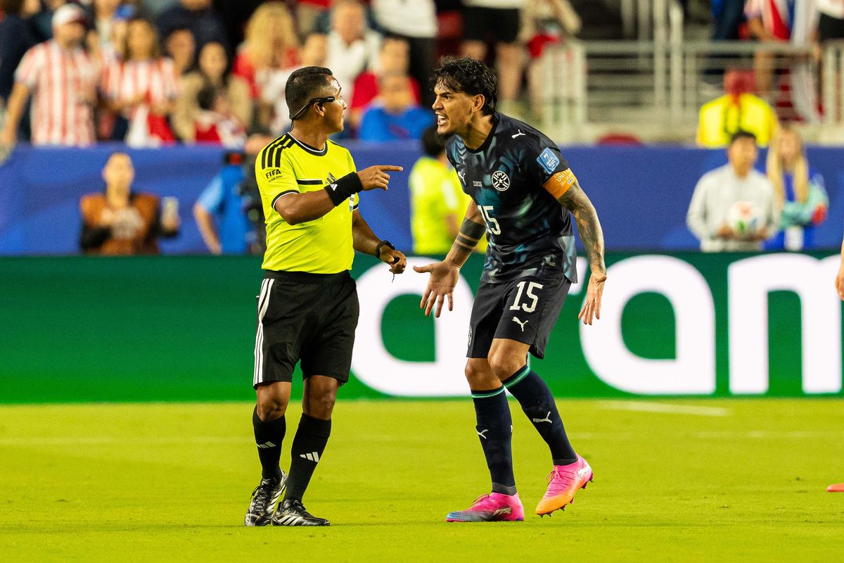 Gustavo Gomez (15) of Paraguay upset with the referee during a 2026 FIFA World Cup match against Paraguay, Friday June 19th, 2026 in Santa Clara, Calif. Gustavo Gomez (15) of Paraguay upset with the referee during a 2026 FIFA World Cup match against Paraguay, Friday June 19th, 2026 in Santa Clara, Calif.
