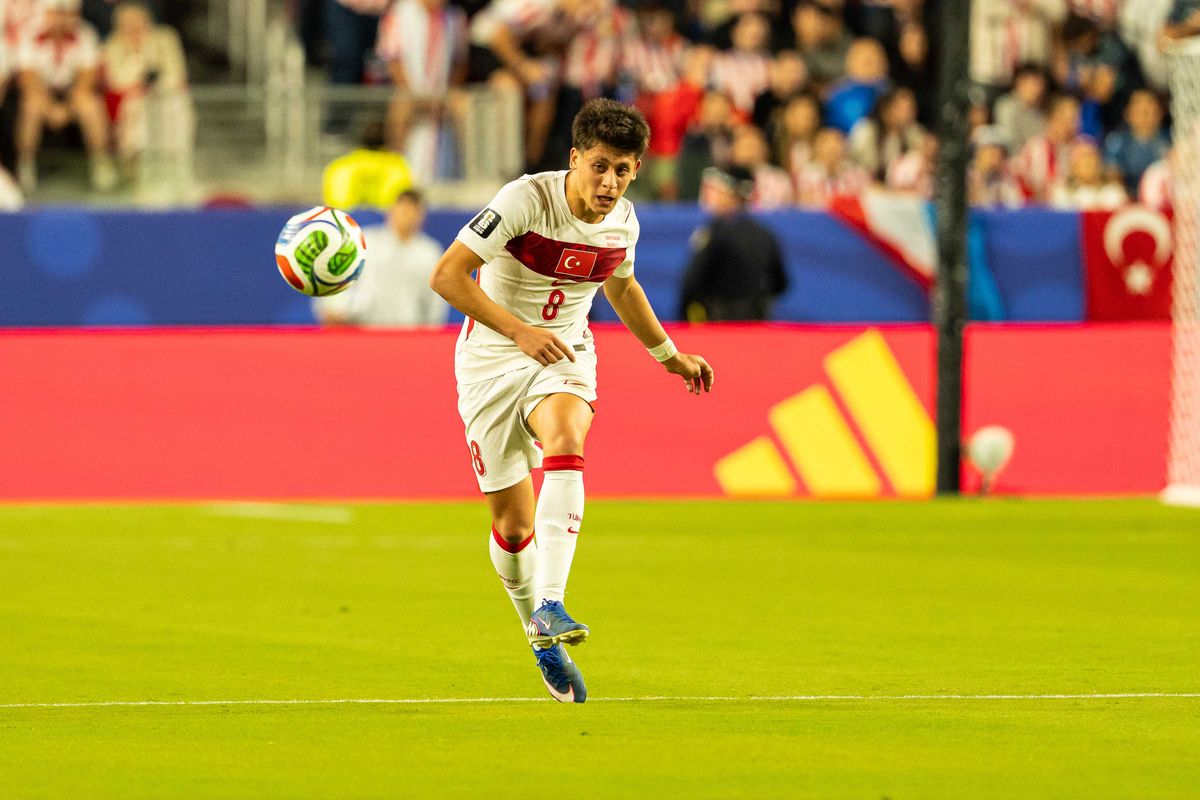Arda Guler (8) of Turkiye kicks the ball during a 2026 FIFA World Cup match against Paraguay, Friday June 19th, 2026 in Santa Clara, Calif. Arda Guler (8) of Turkiye kicks the ball during a 2026 FIFA World Cup match against Paraguay, Friday June 19th, 2026 in Santa Clara, Calif.