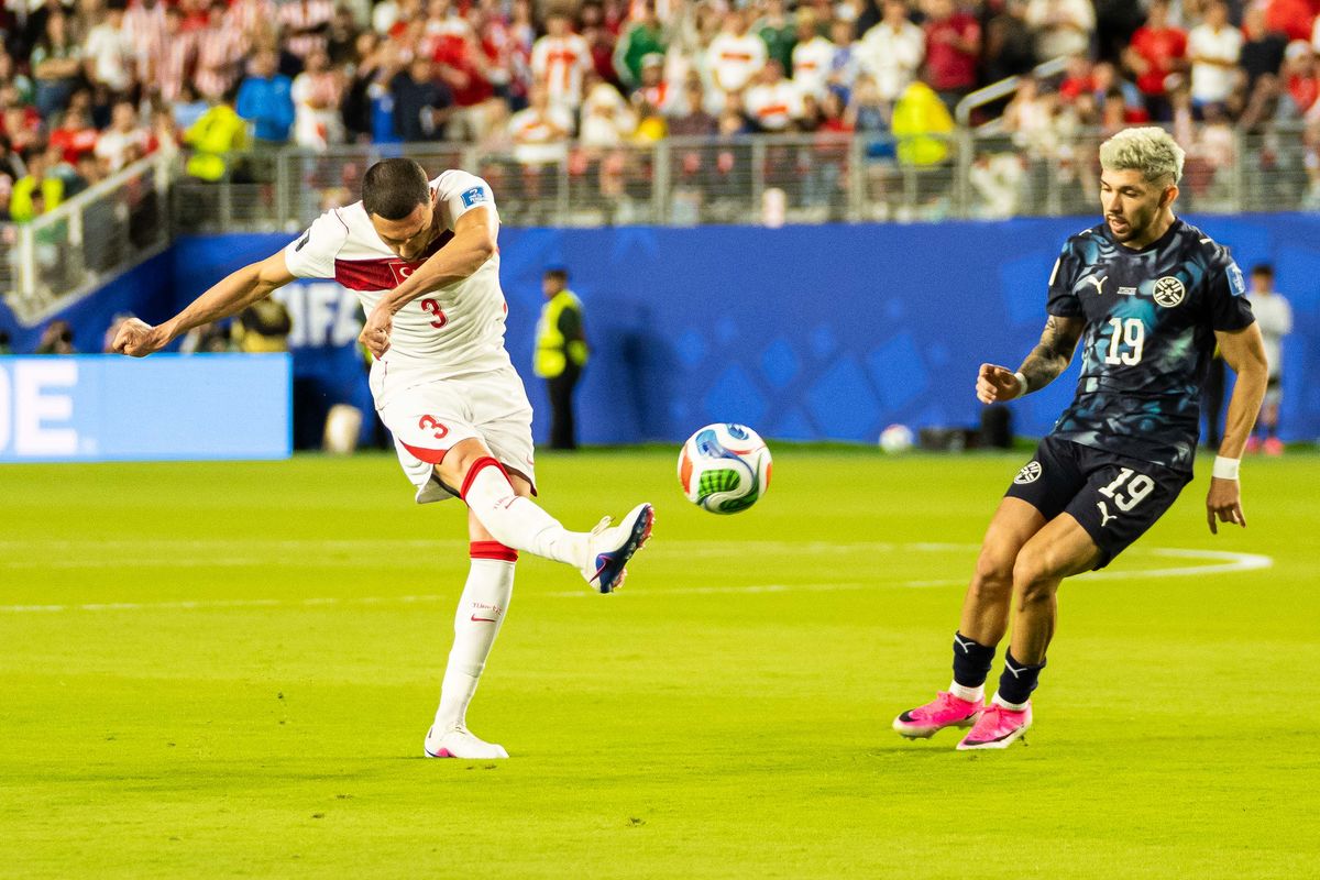 Merih Demiral (3) of Turkiye kicks the ball during a 2026 FIFA World Cup match against Paraguay, Friday June 19th, 2026 in Santa Clara, Calif. Merih Demiral (3) of Turkiye kicks the ball during a 2026 FIFA World Cup match against Paraguay, Friday June 19th, 2026 in Santa Clara, Calif.