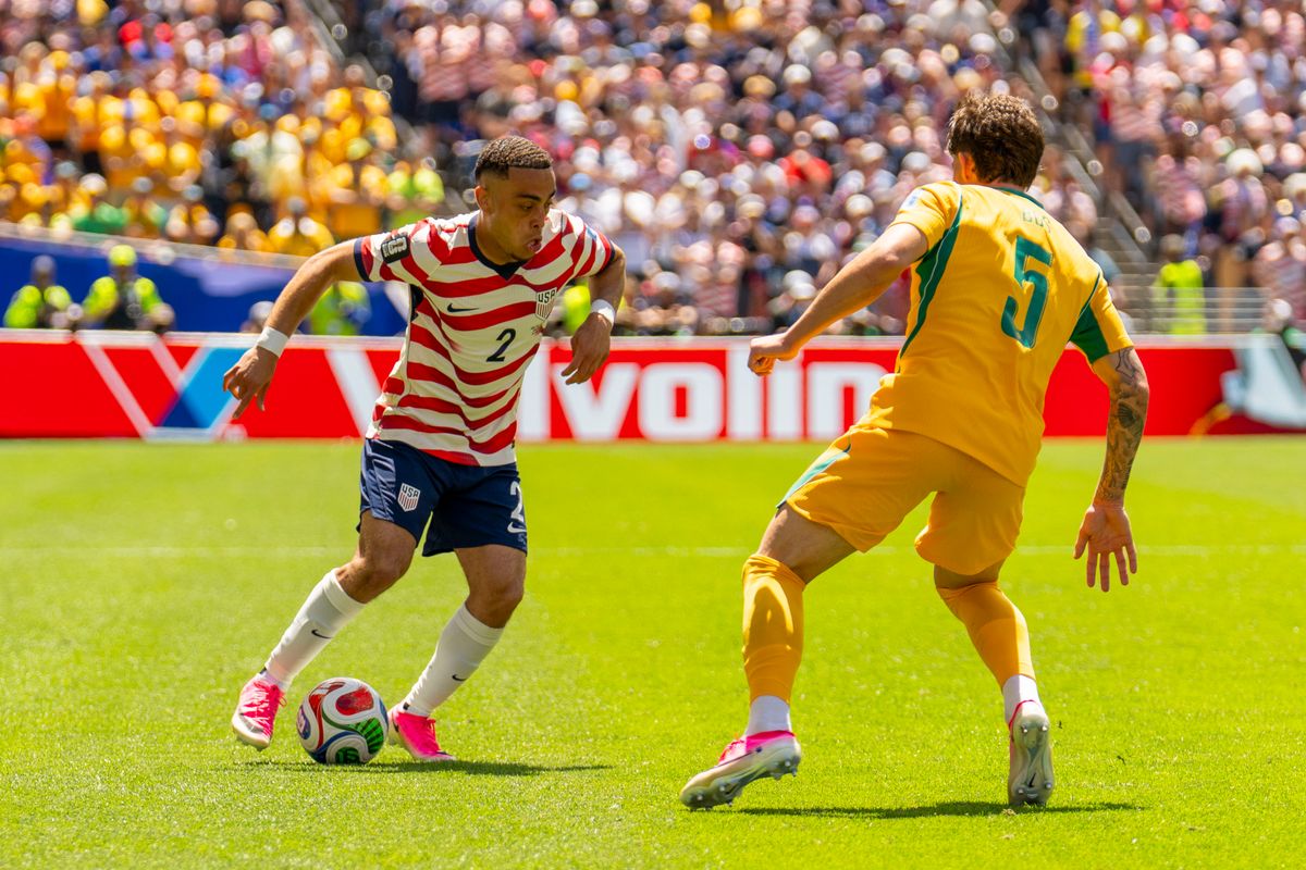 #2 Sergino Dest of the United States tries to shake the defender during a FIFA World Cup match against Australia, Friday June 19th, 2026 in Seattle, Washington. #2 Sergino Dest of the United States tries to shake the defender during a FIFA World Cup match against Australia, Friday June 19th, 2026 in Seattle, Washington.