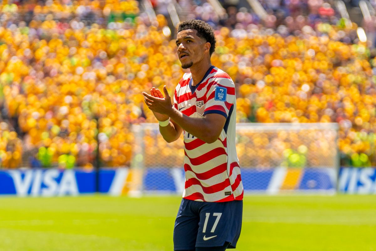 #17 Malik Tillman of the United States cheers on the crowd during a FIFA World Cup match against Australia, Friday June 19th, 2026 in Seattle, Washington. #17 Malik Tillman of the United States cheers on the crowd during a FIFA World Cup match against Australia, Friday June 19th, 2026 in Seattle, Washington.