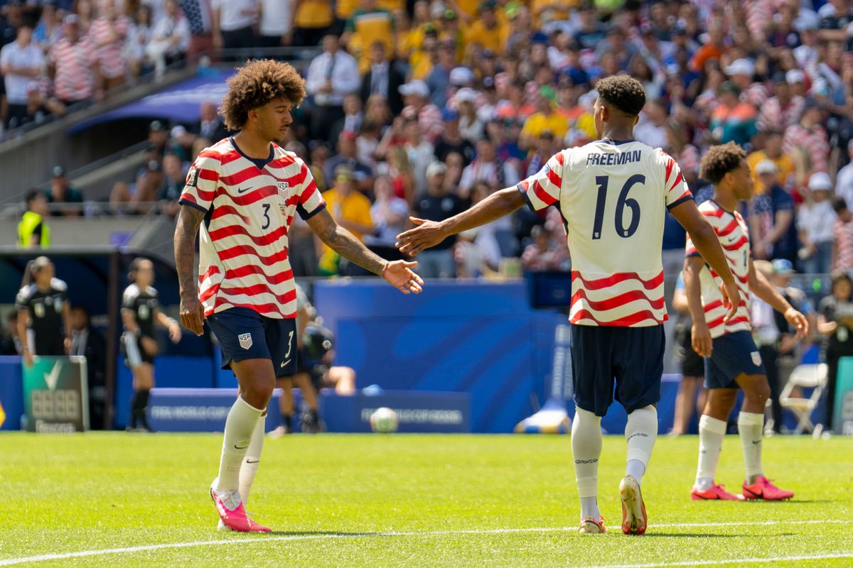 #3 Chris Richards and #16 Alex Freeman of the United States high five during a FIFA World Cup match against Australia, Friday June 19th, 2026 in Seattle, Washington. #3 Chris Richards and #16 Alex Freeman of the United States high five during a FIFA World Cup match against Australia, Friday June 19th, 2026 in Seattle, Washington.