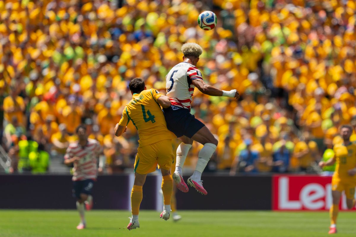 #5 Antonee Robinson of the United States wins the header during a FIFA World Cup match against Australia, Friday June 19th, 2026 in Seattle, Washington. #5 Antonee Robinson of the United States wins the header during a FIFA World Cup match against Australia, Friday June 19th, 2026 in Seattle, Washington.