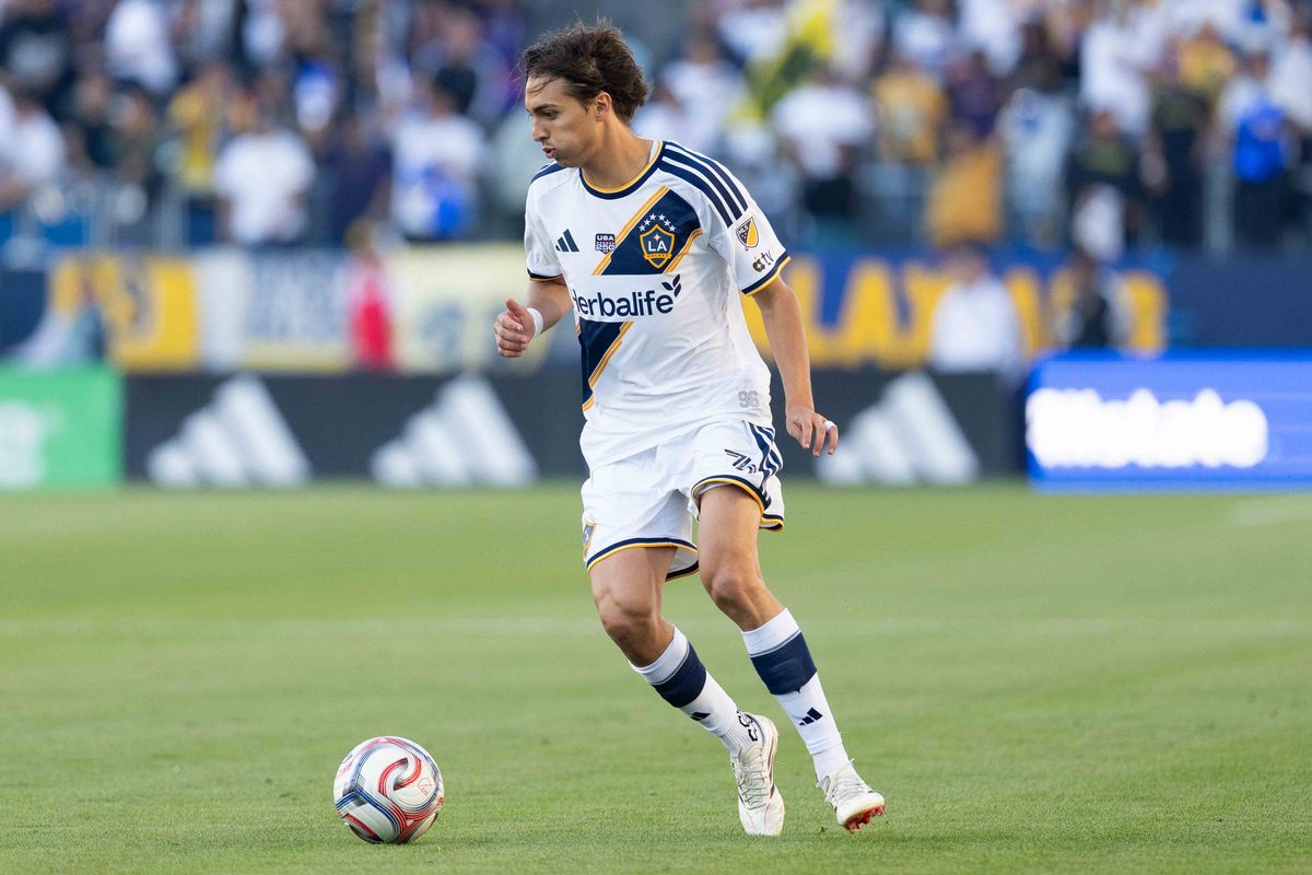 Los Angeles Galaxy defender Julian Aude (3) brings the ball up the pitch during an MLS game, Sunday February 22nd, 2026 in Carson, Calif