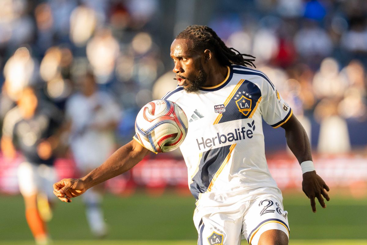 Los Angeles Galaxy forward Joseph Paintsil (28) gains possession of the ball during an MLS game, Sunday February 22nd, 2026 in Carson, Calif