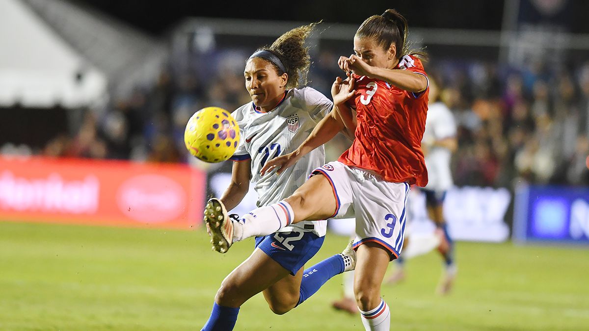 Yasmeen Ryan #22 of the United States battles for ball possession during the international friendly match between Chile Women’s national team and the United States of America Women’s national team at Harder Stadium on January 27, 2026 in Santa Barbara, California. USA defeated Chile 5-0. Yasmeen Ryan #22 of the United States battles for ball possession during the international friendly match between Chile Women’s national team and the United States of America Women’s national team at Harder Stadium on January 27, 2026 in Santa Barbara, California. USA defeated Chile 5-0.