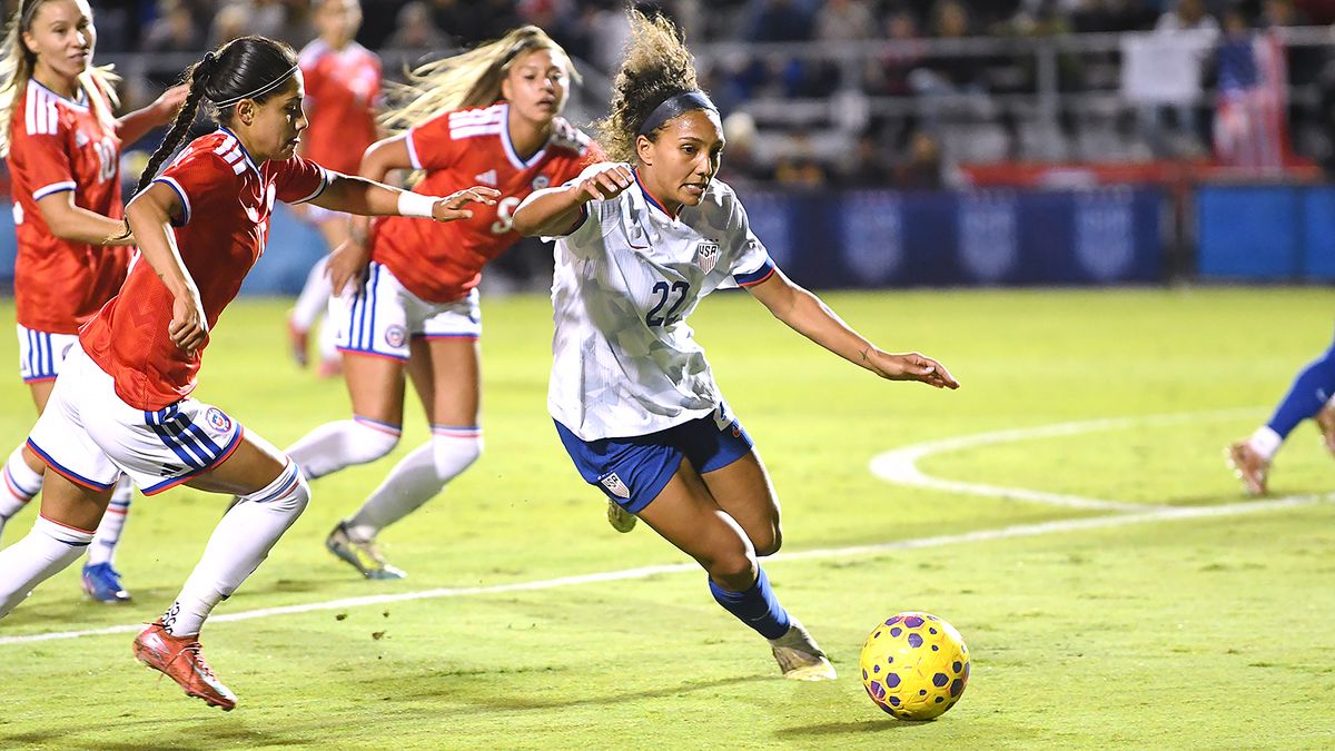 Yasmeen Ryan #22 of the United States moves the ball downfield during the international friendly match between Chile Women’s national team and the United States of America Women’s national team at Harder Stadium on January 27, 2026 in Santa Barbara, California. USA defeated Chile 5-0. Yasmeen Ryan #22 of the United States moves the ball downfield during the international friendly match between Chile Women’s national team and the United States of America Women’s national team at Harder Stadium on January 27, 2026 in Santa Barbara, California. USA defeated Chile 5-0.