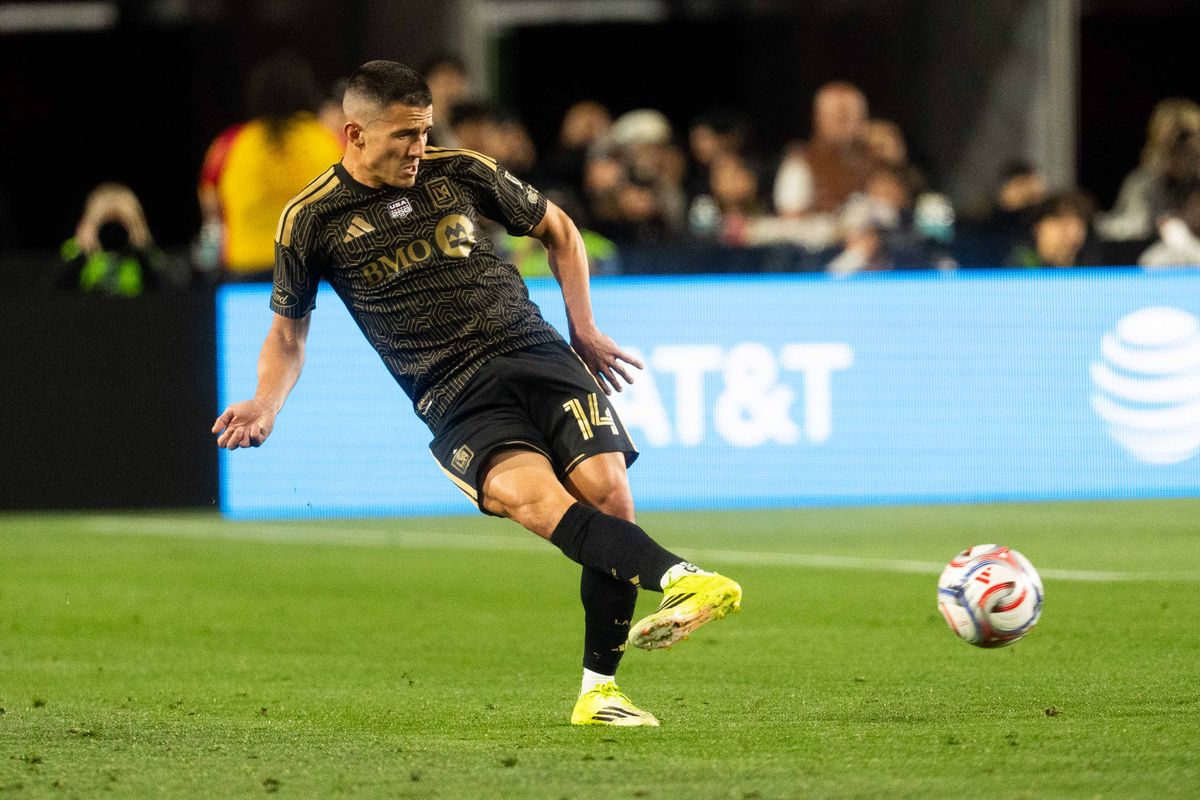 LAFC defender Sergi Palencia (14) kicks the ball during an MLS soccer game against Inter Miami CF, Saturday February 21st, 2026 in Los Angeles, California. 
