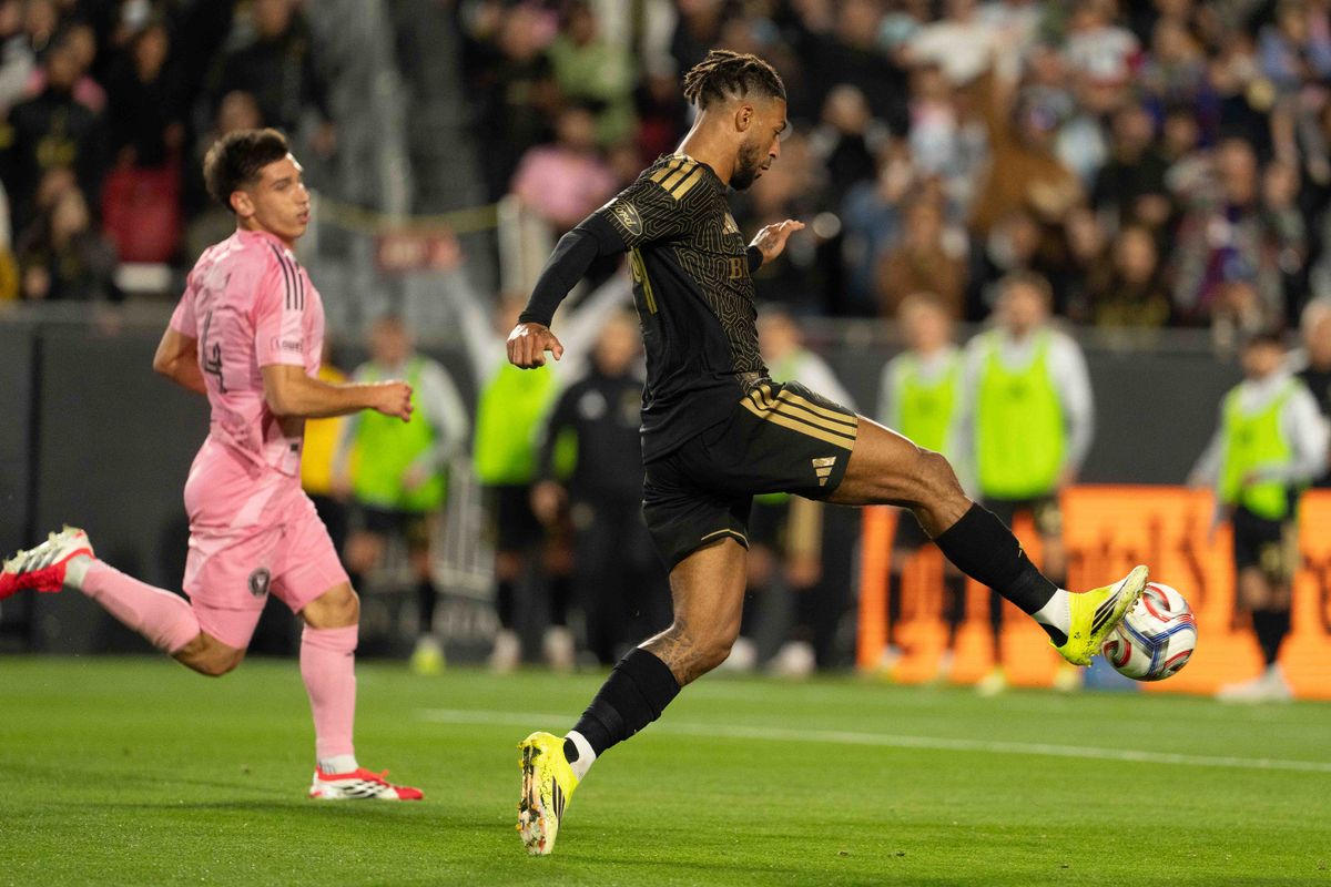 LAFC forward Dennis Bouanga (99) scores a goal during an MLS soccer game against Inter Miami CF, Saturday February 21st, 2026 in Los Angeles, California. 