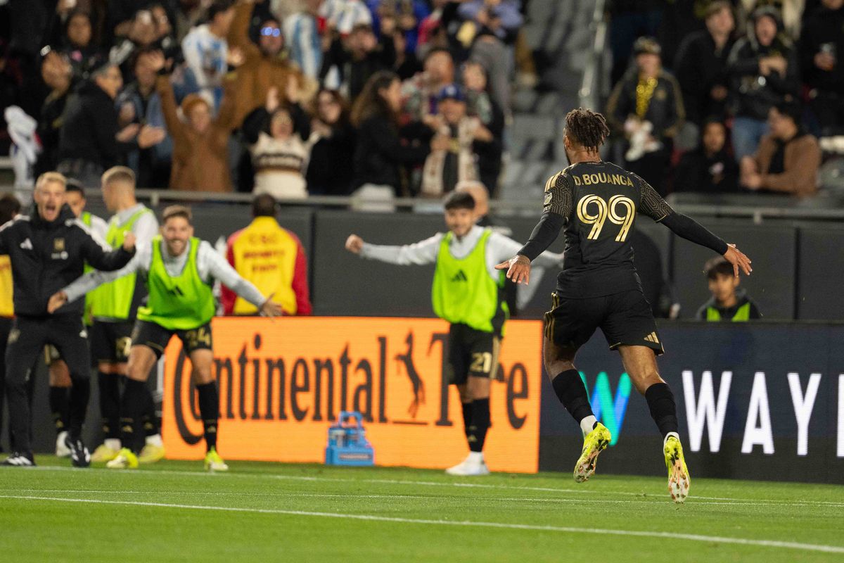LAFC forward Dennis Bouanga (99) celebrates a goal during an MLS soccer game against Inter Miami CF, Saturday February 21st, 2026 in Los Angeles, California. 