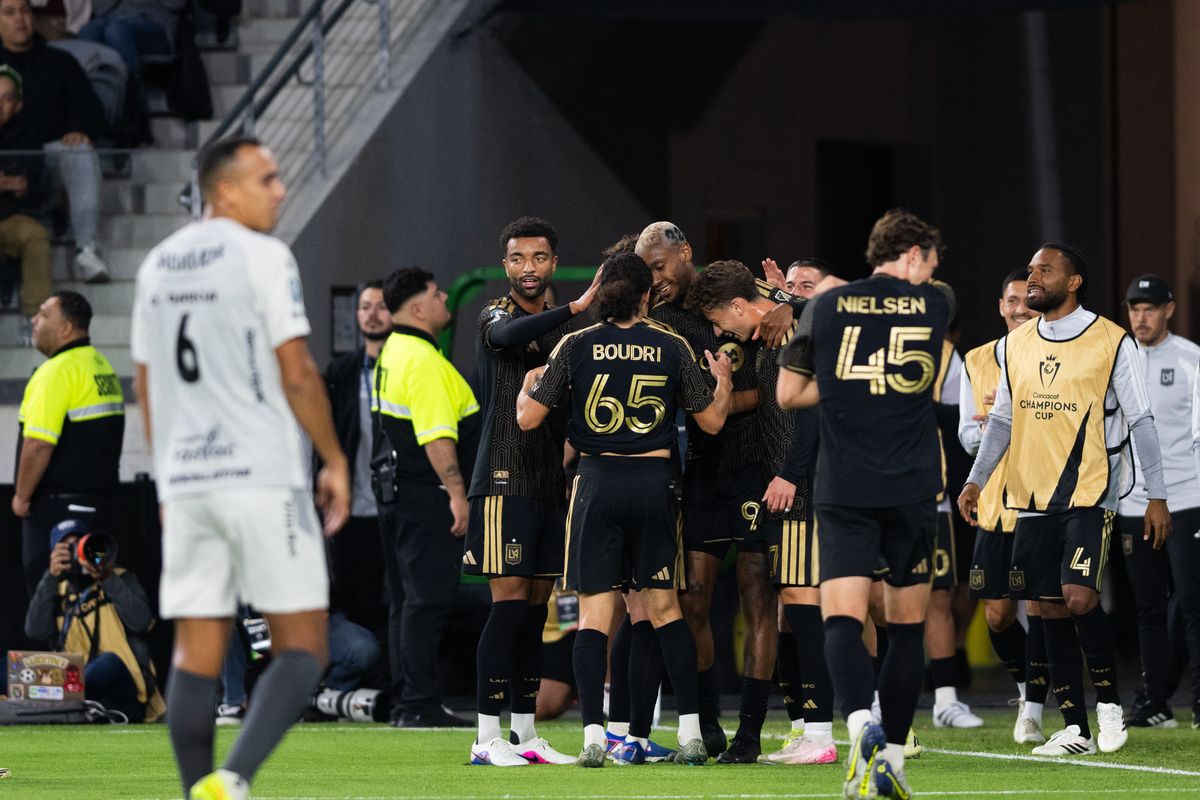 LAFC players celebrate a goal from Nikosi Tafari (91) during a CONCACAF game between LAFC and Real Espana on Friday, February 24,2026 at BMO Stadium in Los Angeles Calif LAFC players celebrate a goal from Nikosi Tafari (91) during a CONCACAF game between LAFC and Real Espana on Friday, February 24,2026 at BMO Stadium in Los Angeles Calif