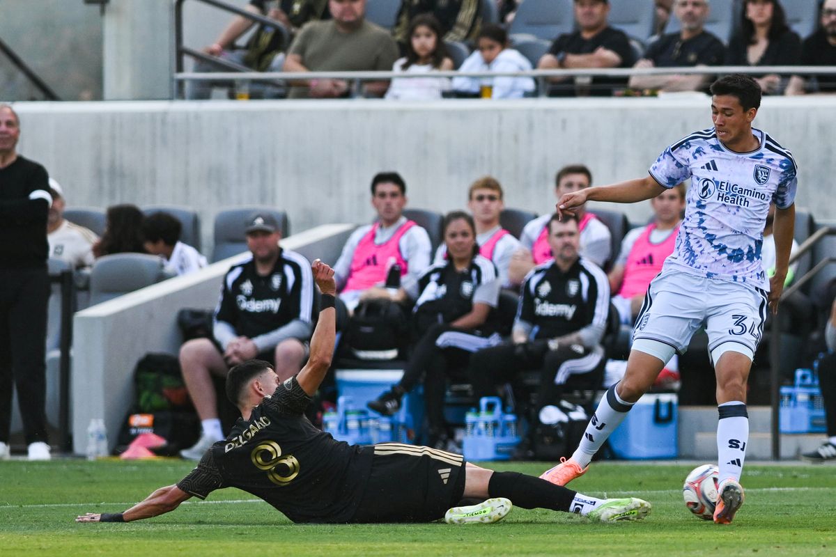 LAFC midfielder Mark Delgado (8) slides for an interception during an MLS game between LAFC and San Jose Earthquakes on Sunday, April 19, 2026 at BMO Stadium In Los Angeles Calif at BMO Stadium in Los Angeles Calif LAFC midfielder Mark Delgado (8) slides for an interception during an MLS game between LAFC and San Jose Earthquakes on Sunday, April 19, 2026 at BMO Stadium In Los Angeles Calif at BMO Stadium in Los Angeles Calif