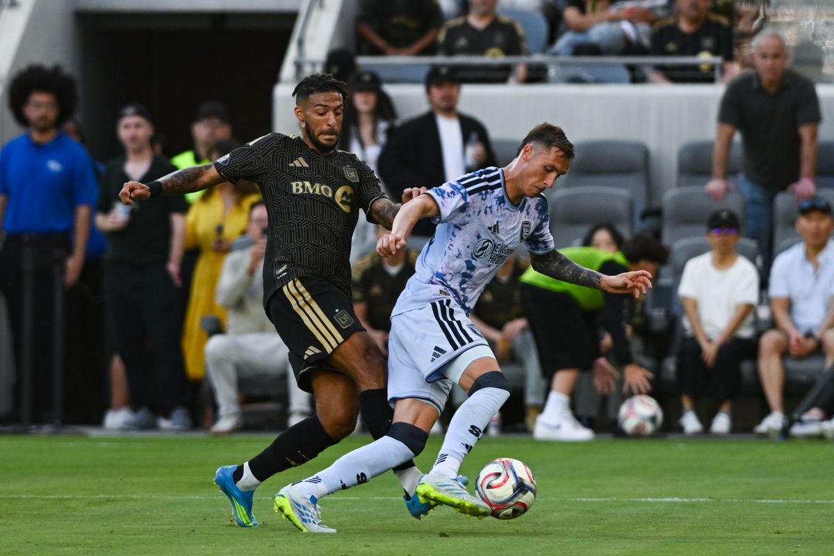 LAFC forward Denis Bouanga (99) battles for possession during an MLS game between LAFC and San Jose Earthquakes on Sunday, April 19, 2026 at BMO Stadium In Los Angeles Calif at BMO Stadium in Los Angeles Calif LAFC forward Denis Bouanga (99) battles for possession during an MLS game between LAFC and San Jose Earthquakes on Sunday, April 19, 2026 at BMO Stadium In Los Angeles Calif at BMO Stadium in Los Angeles Calif