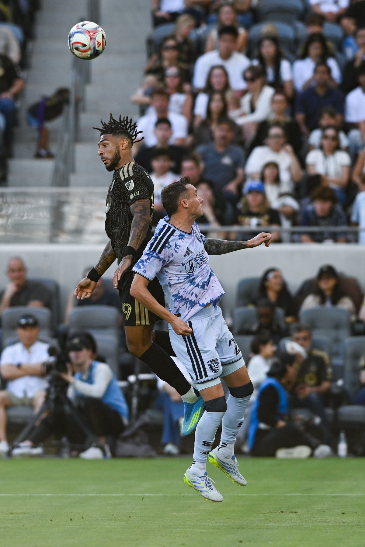 LAFC forward Denis Bouanga (99) heads the ball during an MLS game between LAFC and San Jose Earthquakes on Sunday, April 19, 2026 at BMO Stadium In Los Angeles Calif at BMO Stadium in Los Angeles Calif LAFC forward Denis Bouanga (99) heads the ball during an MLS game between LAFC and San Jose Earthquakes on Sunday, April 19, 2026 at BMO Stadium In Los Angeles Calif at BMO Stadium in Los Angeles Calif