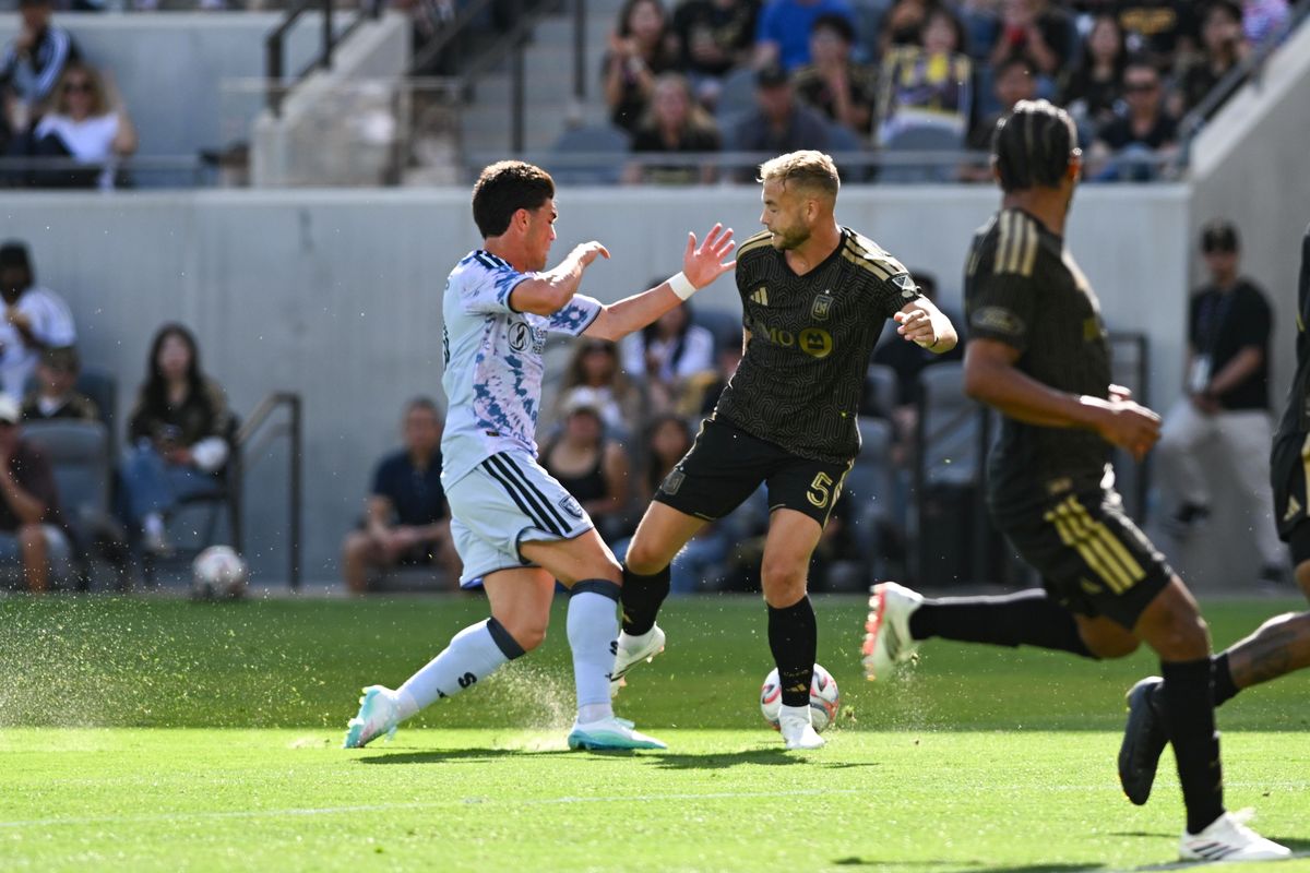 LAFC defender Ryan Porteous (5) blocks the ball during an MLS game between LAFC and San Jose Earthquakes on Sunday, April 19, 2026 at BMO Stadium In Los Angeles Calif at BMO Stadium in Los Angeles Calif LAFC defender Ryan Porteous (5) blocks the ball during an MLS game between LAFC and San Jose Earthquakes on Sunday, April 19, 2026 at BMO Stadium In Los Angeles Calif at BMO Stadium in Los Angeles Calif