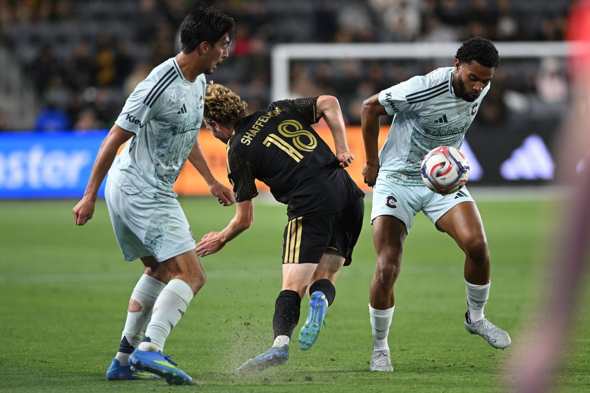 LAFC forward Jacob Shaffelburg (18) gets tackled during an MLS game between LAFC and Colorado Rapids on Wednesday, April 22, 2026 at BMO Stadium In Los Angeles Calif at BMO Stadium in Los Angeles Calif LAFC forward Jacob Shaffelburg (18) gets tackled during an MLS game between LAFC and Colorado Rapids on Wednesday, April 22, 2026 at BMO Stadium In Los Angeles Calif at BMO Stadium in Los Angeles Calif