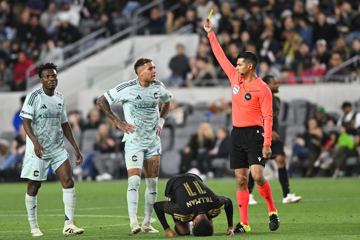 Colorado Rapids forward Rafael Navarro (9) receives a yellow card during an MLS game between LAFC and Colorado Rapids on Wednesday, April 22, 2026 at BMO Stadium In Los Angeles Calif at BMO Stadium in Los Angeles Calif Colorado Rapids forward Rafael Navarro (9) receives a yellow card during an MLS game between LAFC and Colorado Rapids on Wednesday, April 22, 2026 at BMO Stadium In Los Angeles Calif at BMO Stadium in Los Angeles Calif