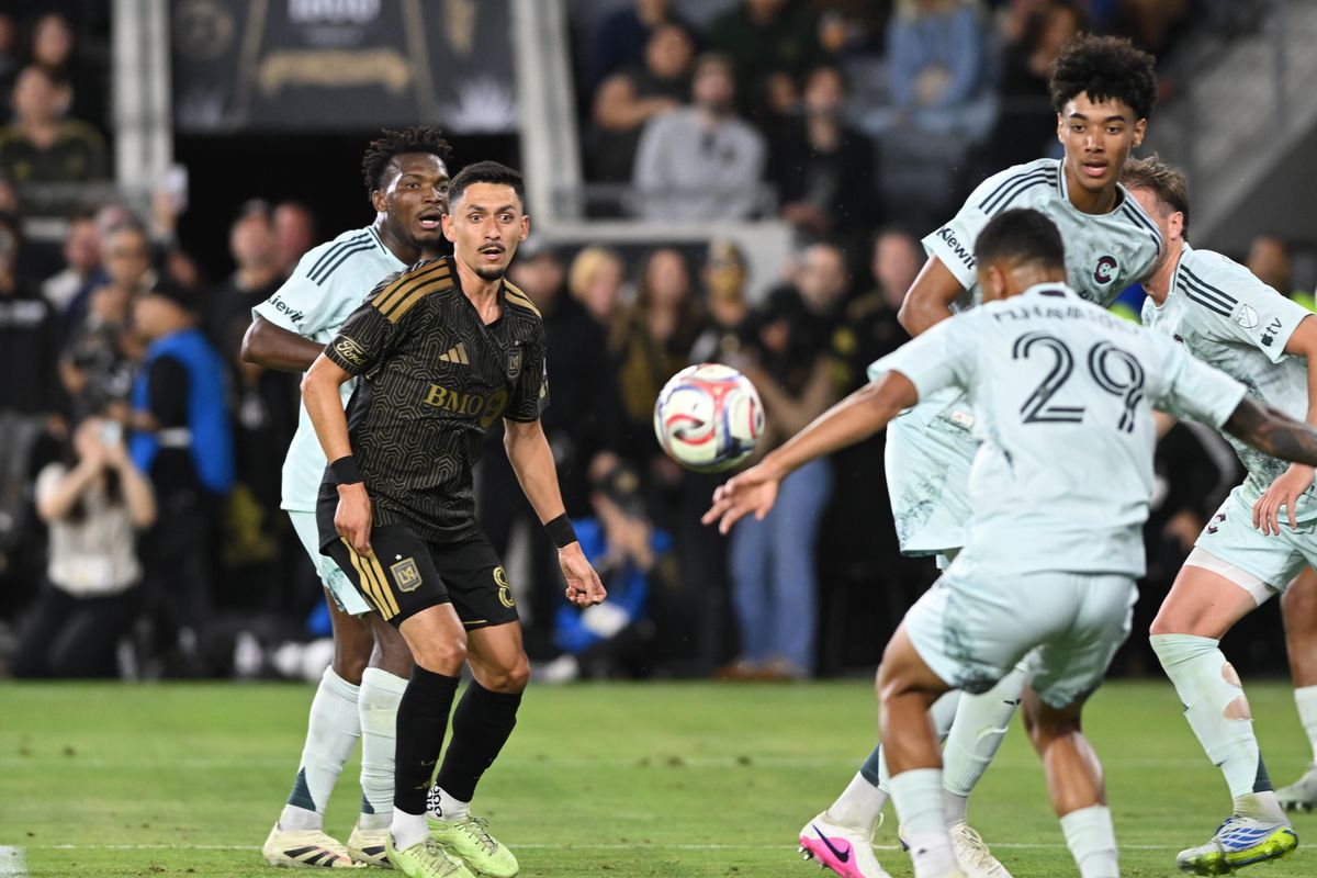 LAFC midfielder Mark Delgado (8) watches the ball during an MLS game between LAFC and Colorado Rapids on Wednesday, April 22, 2026 at BMO Stadium In Los Angeles Calif at BMO Stadium in Los Angeles Calif LAFC midfielder Mark Delgado (8) watches the ball during an MLS game between LAFC and Colorado Rapids on Wednesday, April 22, 2026 at BMO Stadium In Los Angeles Calif at BMO Stadium in Los Angeles Calif