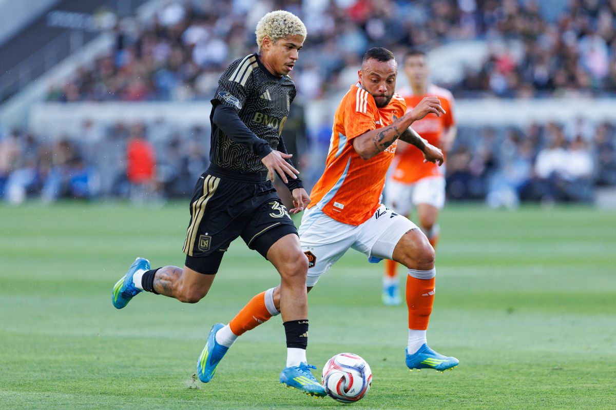 David Martínez #30 of LAFC attacks with the ball during an MLS match against Houston Dynamo FC on May 10, 2026 at BMO Stadium in Los Angeles, California. David Martínez #30 of LAFC attacks with the ball during an MLS match against Houston Dynamo FC on May 10, 2026 at BMO Stadium in Los Angeles, California.