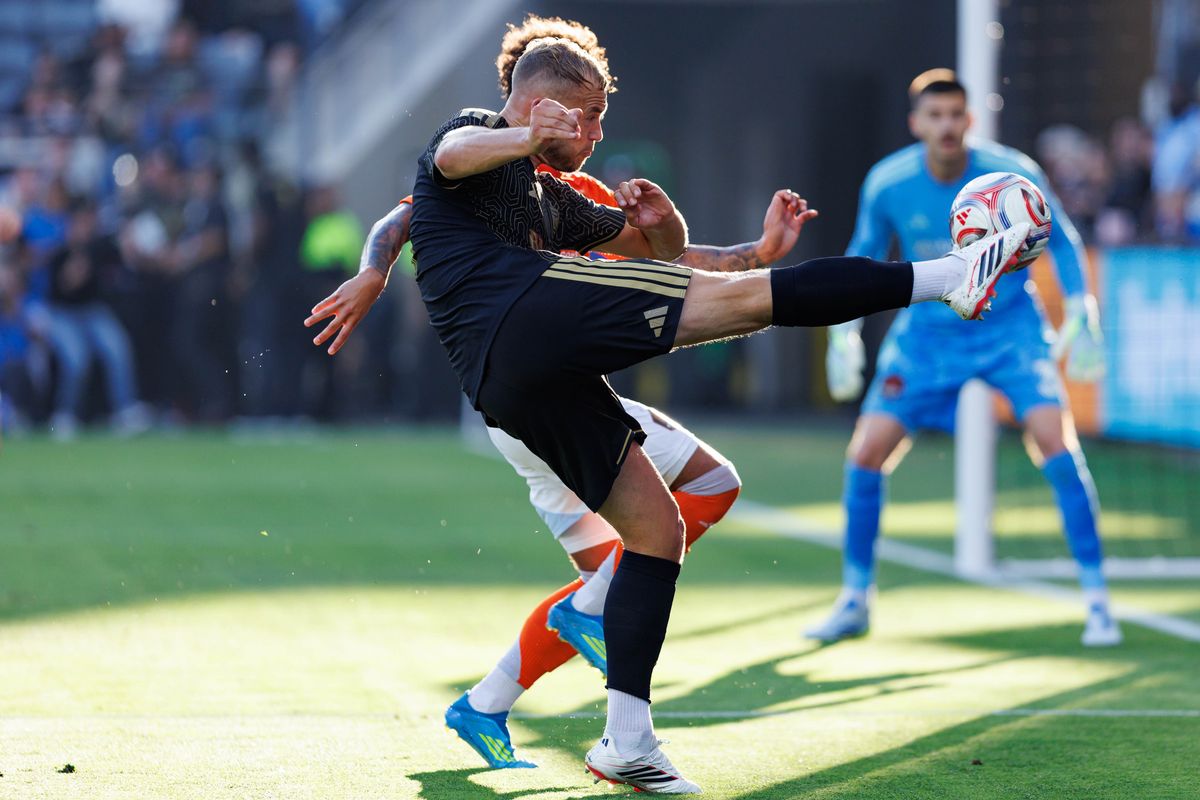 Ryan Porteous #5 of LAFC shoots the ball during an MLS match against Houston Dynamo FC on May 10, 2026 at BMO Stadium in Los Angeles, California. Ryan Porteous #5 of LAFC shoots the ball during an MLS match against Houston Dynamo FC on May 10, 2026 at BMO Stadium in Los Angeles, California.