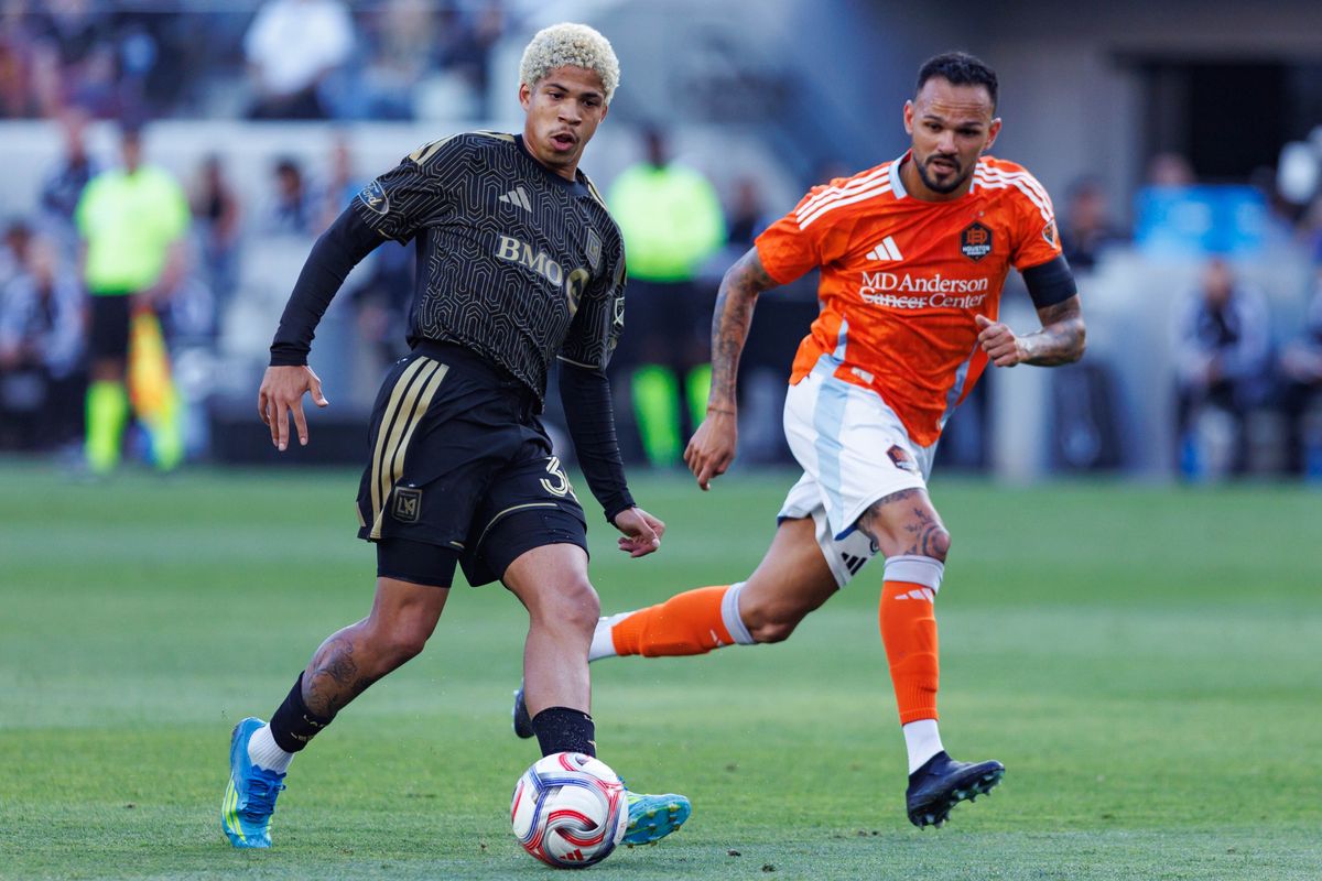David Martínez #30 of LAFC passes the ball during an MLS match against Houston Dynamo FC on May 10, 2026 at BMO Stadium in Los Angeles, California. David Martínez #30 of LAFC passes the ball during an MLS match against Houston Dynamo FC on May 10, 2026 at BMO Stadium in Los Angeles, California.