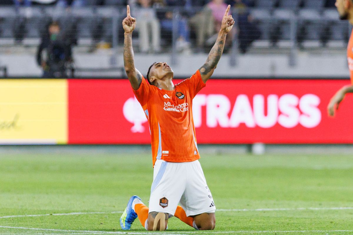 Antônio Carlos #3 of Houston Dynamo FC celebrates a victory after an MLS match against LAFC on May 10, 2026 at BMO Stadium in Los Angeles, California. Antônio Carlos #3 of Houston Dynamo FC celebrates a victory after an MLS match against LAFC on May 10, 2026 at BMO Stadium in Los Angeles, California.