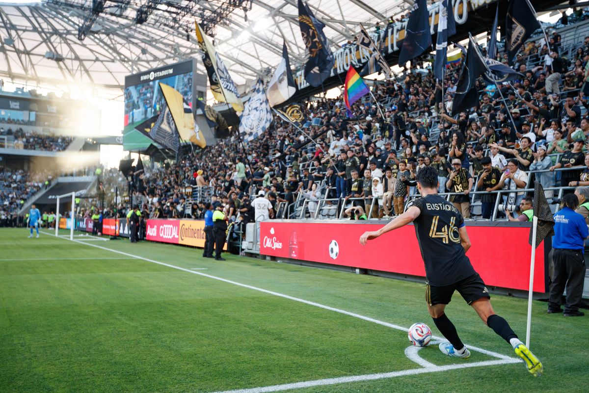 Stephen Eustáquio #46 of LAFC does a corner kick during an MLS match against Houston Dynamo FC on May 10, 2026 at BMO Stadium in Los Angeles, California. Stephen Eustáquio #46 of LAFC does a corner kick during an MLS match against Houston Dynamo FC on May 10, 2026 at BMO Stadium in Los Angeles, California.