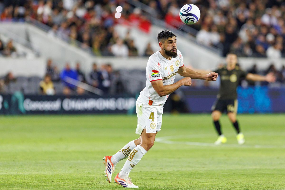 Bruno Méndez #4 of Toluca FC goes for a heading during a CONCACAF Champions Cup Semifinal match against LAFC on April 29, 2026 at BMO Stadium in Los Angeles, California. Bruno Méndez #4 of Toluca FC goes for a heading during a CONCACAF Champions Cup Semifinal match against LAFC on April 29, 2026 at BMO Stadium in Los Angeles, California.