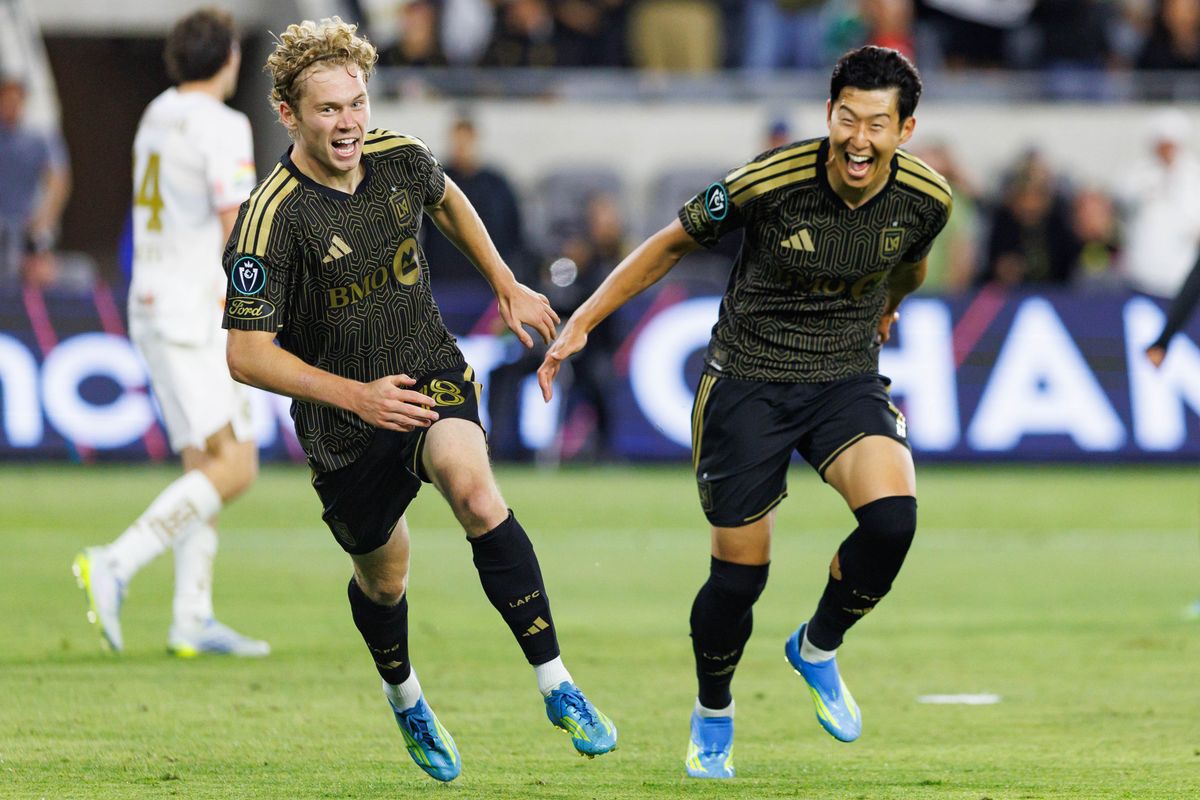 Jacob Shaffelburg #18 of LAFC (left) celebrates with Son Heung-Min #7 (right) after scoring a goal during a CONCACAF Champions Cup Semifinal match against Toluca FC on April 29, 2026 at BMO Stadium in Los Angeles, California. Jacob Shaffelburg #18 of LAFC (left) celebrates with Son Heung-Min #7 (right) after scoring a goal during a CONCACAF Champions Cup Semifinal match against Toluca FC on April 29, 2026 at BMO Stadium in Los Angeles, California.