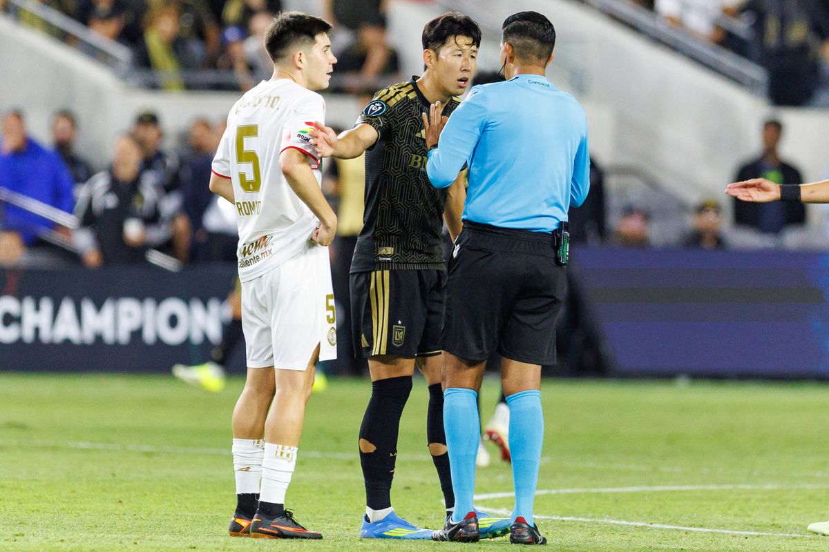 Son Heung-Min #7 of LAFC pleads his case during a CONCACAF Champions Cup Semifinal match against Toluca FC on April 29, 2026 at BMO Stadium in Los Angeles, California. Son Heung-Min #7 of LAFC pleads his case during a CONCACAF Champions Cup Semifinal match against Toluca FC on April 29, 2026 at BMO Stadium in Los Angeles, California.