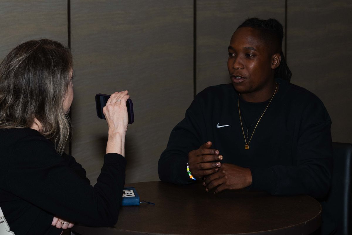 Orlando Pride FC forward Barbara Banda (22), being interviewed during NWSL Media Day at Westin Bonaventure on January 28th, 2026 in Los Angeles, California. Orlando Pride FC forward Barbara Banda (22), being interviewed during NWSL Media Day at Westin Bonaventure on January 28th, 2026 in Los Angeles, California.