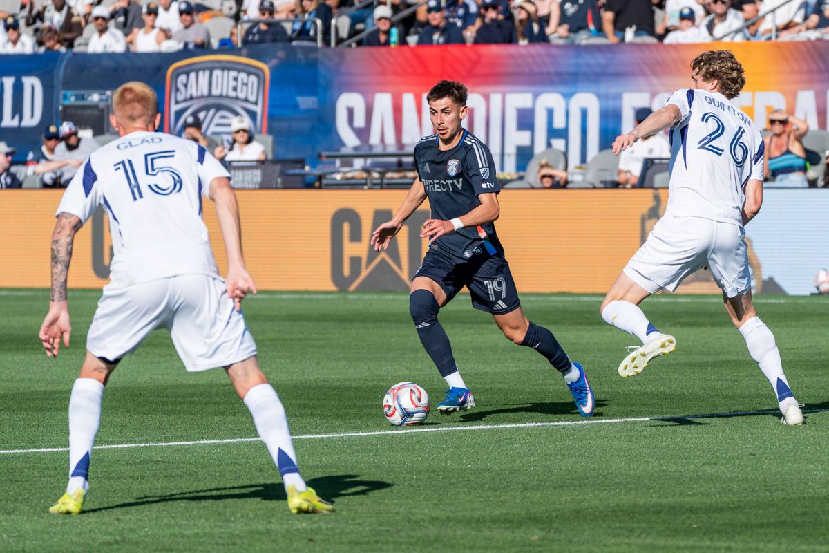 San Diego FC midfielder David Vazquez (19) dribbles during an MLS game between Real Salt Lake and San Diego FC, Sunday March 22, 2026 in San Diego, Calif. San Diego FC midfielder David Vazquez (19) dribbles during an MLS game between Real Salt Lake and San Diego FC, Sunday March 22, 2026 in San Diego, Calif.
