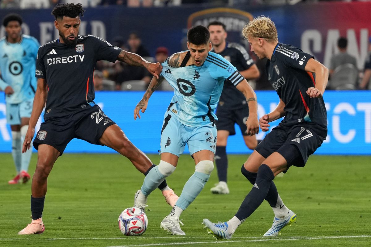 Minnesota United FC midfielder Joaquín Pereyra (26) battles past defenders during an MLS soccer game against the San Diego FC, Saturday April 11, 2026 in San Diego, California. Minnesota United FC midfielder Joaquín Pereyra (26) battles past defenders during an MLS soccer game against the San Diego FC, Saturday April 11, 2026 in San Diego, California.