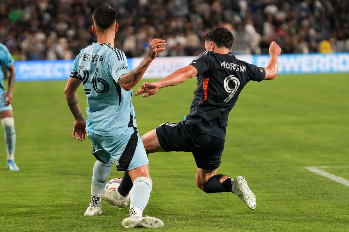 San Diego FC forward Lewis Morgan (9) slides for the ball during an MLS soccer game against the Minnesota United FC, Saturday April 11, 2026 in San Diego, California. San Diego FC forward Lewis Morgan (9) slides for the ball during an MLS soccer game against the Minnesota United FC, Saturday April 11, 2026 in San Diego, California.