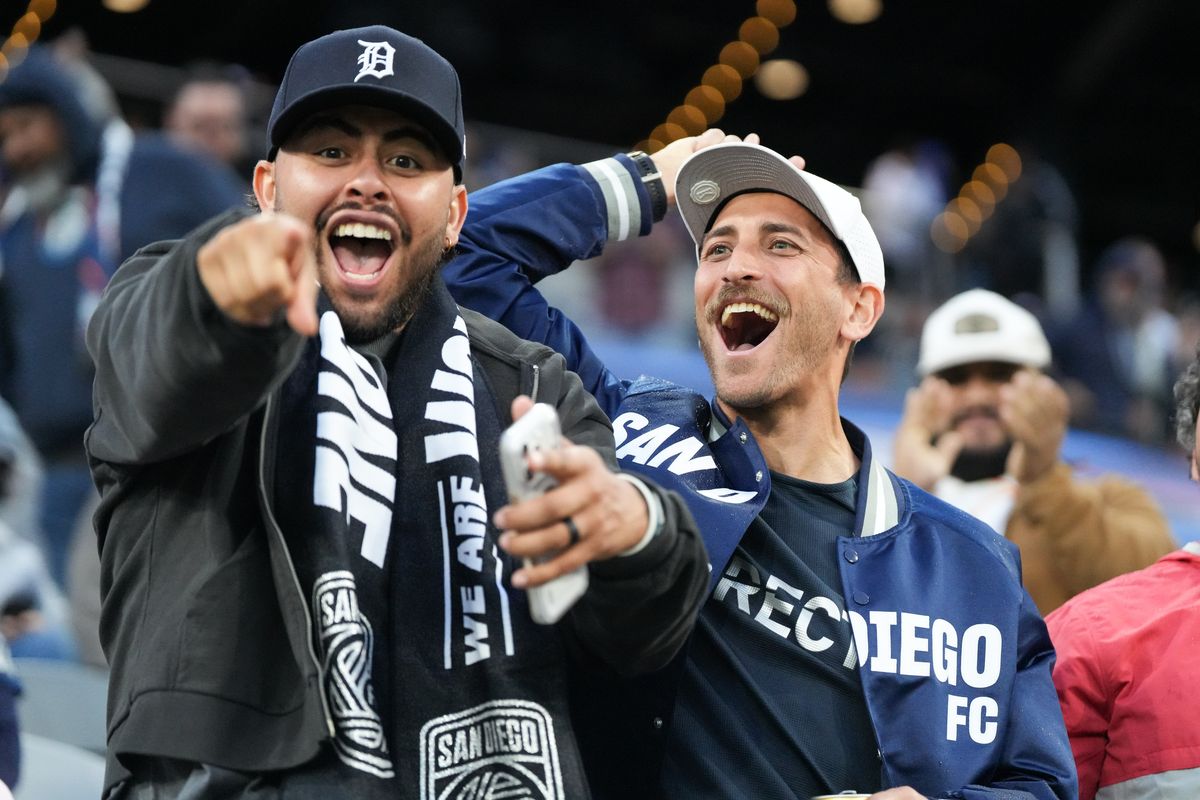 San Diego FC fans celebrate after a goal during an MLS soccer game against the Portland Timbers, Saturday April 25, 2026 in San Diego, California. San Diego FC fans celebrate after a goal during an MLS soccer game against the Portland Timbers, Saturday April 25, 2026 in San Diego, California.