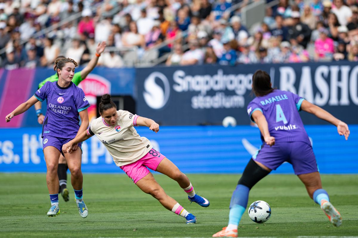 San Diego Wave forward Gabi Portilho (81) gets tripped during an NWSL match between Orlando Pride SC and San Diego Wave FC on Sunday, May 24, 2026 at Snapdragon Stadium in San Diego Calif. San Diego Wave forward Gabi Portilho (81) gets tripped during an NWSL match between Orlando Pride SC and San Diego Wave FC on Sunday, May 24, 2026 at Snapdragon Stadium in San Diego Calif.