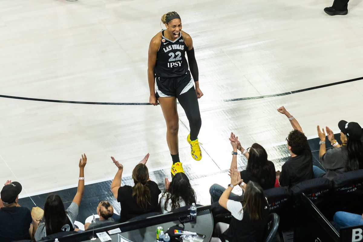Las Vegas Aces forward A’ja Wilson (22) yells in celebration at the crowd after scoring an and-one basket during a WNBA game between the Las Vegas Aces and the Seattle Storm, Monday June 8, 2026 in Las Vegas, Nev. Las Vegas Aces forward A’ja Wilson (22) yells in celebration at the crowd after scoring an and-one basket during a WNBA game between the Las Vegas Aces and the Seattle Storm, Monday June 8, 2026 in Las Vegas, Nev.