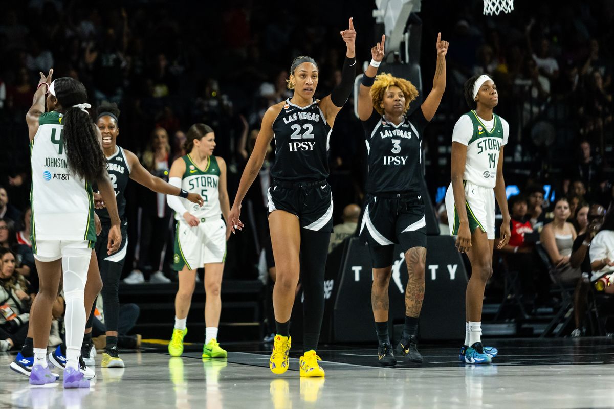 Las Vegas Aces forwards A’ja Wilson (22) and NaLyssa Smith (3) point towards the direction of their basket after a Seattle Storm turnover during a WNBA game between the Las Vegas Aces and the Seattle Storm, Monday June 8, 2026 in Las Vegas, Nev. Las Vegas Aces forwards A’ja Wilson (22) and NaLyssa Smith (3) point towards the direction of their basket after a Seattle Storm turnover during a WNBA game between the Las Vegas Aces and the Seattle Storm, Monday June 8, 2026 in Las Vegas, Nev.