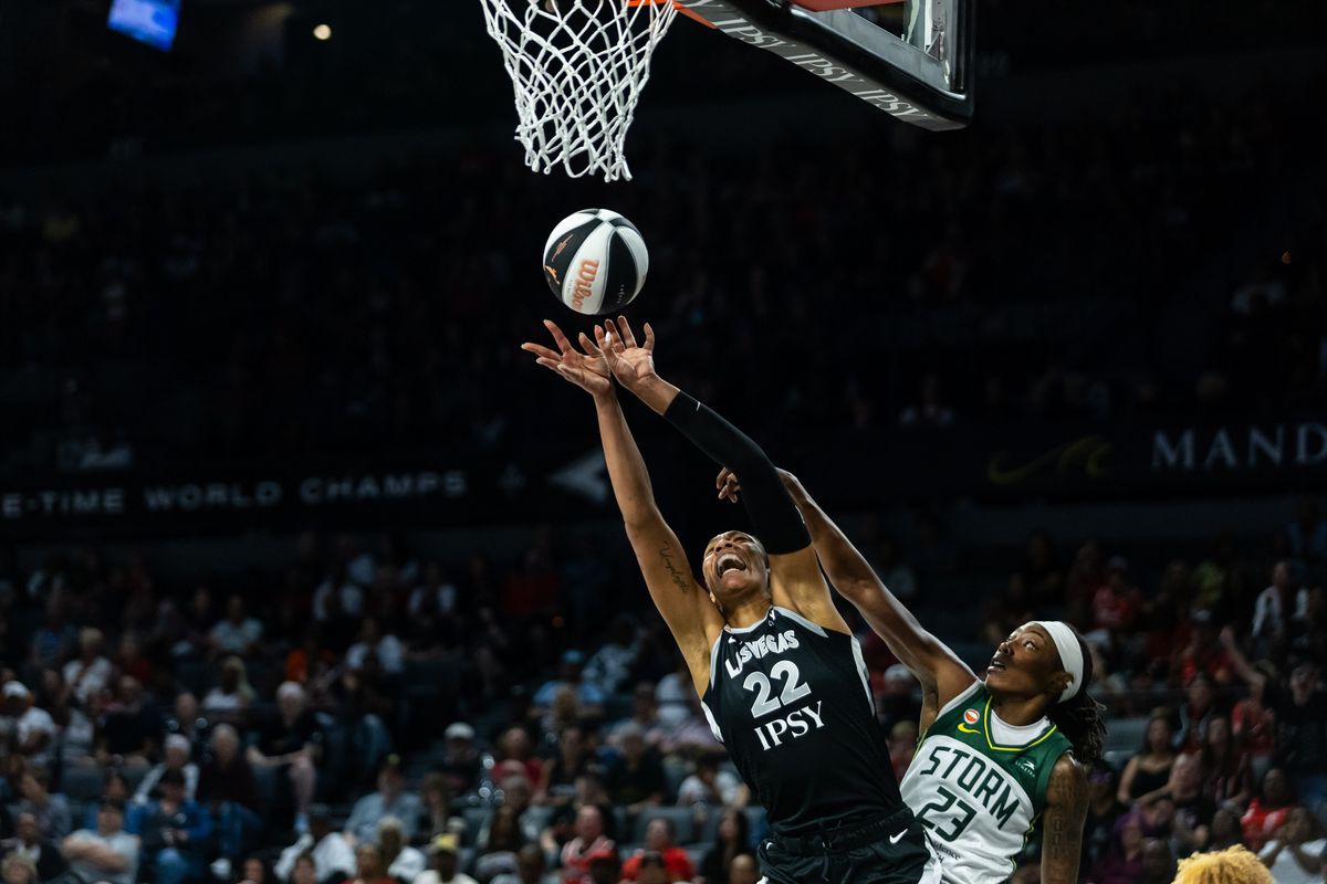 Las Vegas Aces forwards A’ja Wilson (22) and Seattle Storm forward Jordan Horston (23) go for a rebound during a WNBA game between the Las Vegas Aces and the Seattle Storm, Monday June 8, 2026 in Las Vegas, Nev. Las Vegas Aces forwards A’ja Wilson (22) and Seattle Storm forward Jordan Horston (23) go for a rebound during a WNBA game between the Las Vegas Aces and the Seattle Storm, Monday June 8, 2026 in Las Vegas, Nev.