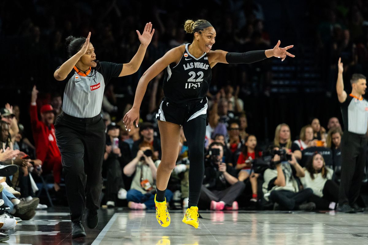 Las Vegas Aces forward A’ja Wilson (22) holds up three fingers as a celebration after scoring a three-point basket during a WNBA game between the Las Vegas Aces and the Seattle Storm, Monday June 8, 2026 in Las Vegas, Nev. Las Vegas Aces forward A’ja Wilson (22) holds up three fingers as a celebration after scoring a three-point basket during a WNBA game between the Las Vegas Aces and the Seattle Storm, Monday June 8, 2026 in Las Vegas, Nev.
