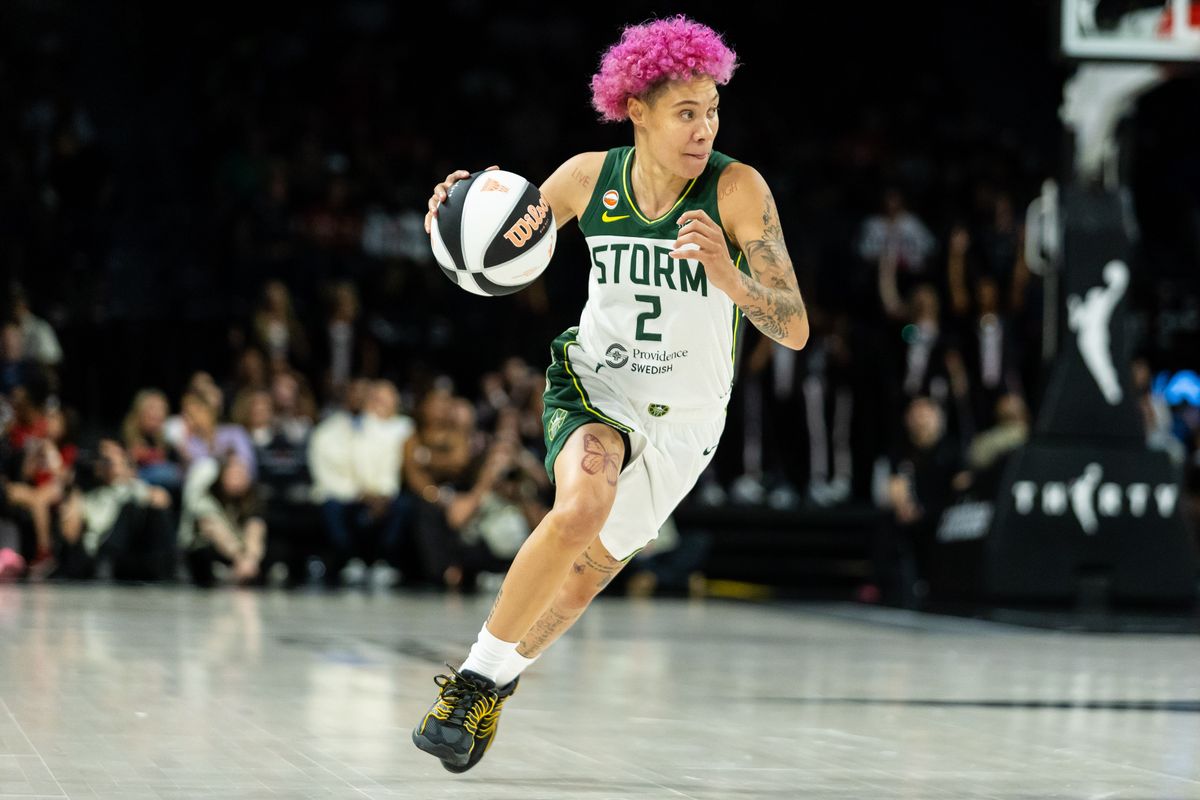 Seattle Storm guard Natisha Hiedeman (2) dribbles the ball up the court during a WNBA game between the Las Vegas Aces and the Seattle Storm, Monday June 8, 2026 in Las Vegas, Nev. Seattle Storm guard Natisha Hiedeman (2) dribbles the ball up the court during a WNBA game between the Las Vegas Aces and the Seattle Storm, Monday June 8, 2026 in Las Vegas, Nev.