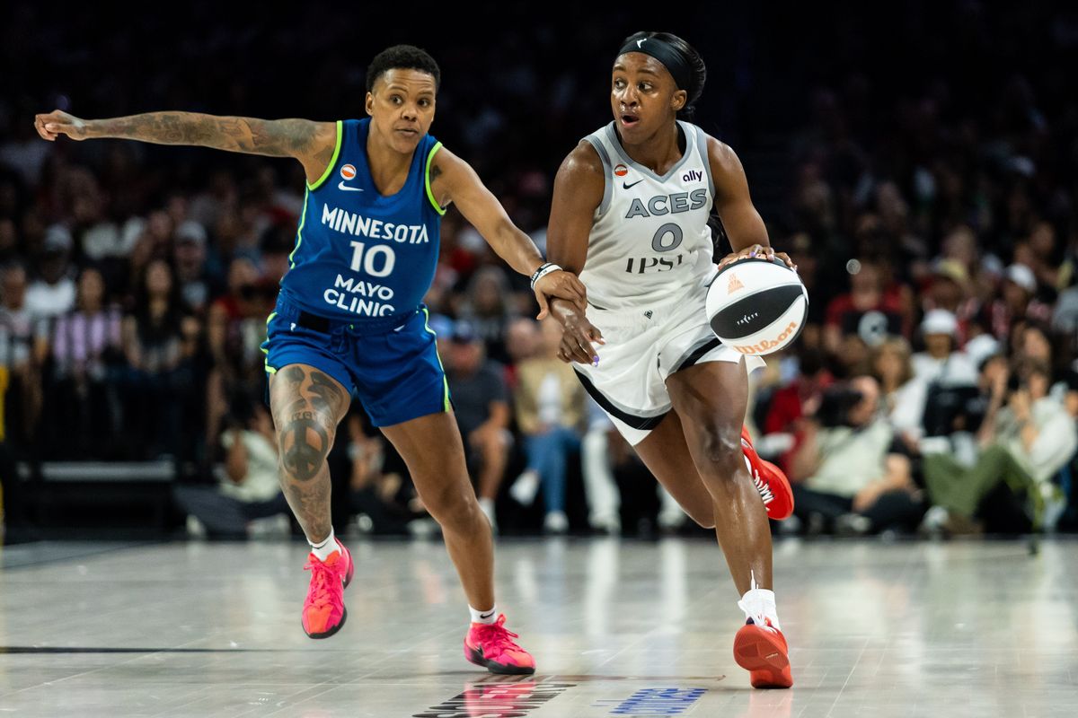 Las Vegas Aces guard Jackie Young (0) dribbles the ball up the court as Minnesota Lynx guard Courtney Williams (10) defends her during a WNBA game between the Las Vegas Aces and the Minnesota Lynx, Saturday June 13, 2026 in Las Vegas, Nev. Las Vegas Aces guard Jackie Young (0) dribbles the ball up the court as Minnesota Lynx guard Courtney Williams (10) defends her during a WNBA game between the Las Vegas Aces and the Minnesota Lynx, Saturday June 13, 2026 in Las Vegas, Nev.