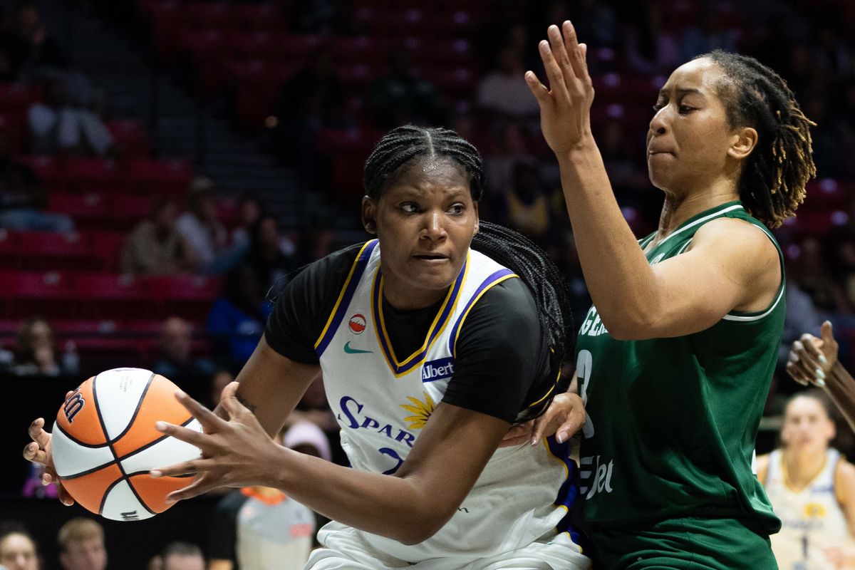 LA Sparks forward Sania Feagin (1) backs down her opponent at a WNBA basketball game against Team Nigeria,Saturday April 25th, 2026 in San Diego, California. LA Sparks forward Sania Feagin (1) backs down her opponent at a WNBA basketball game against Team Nigeria,Saturday April 25th, 2026 in San Diego, California.