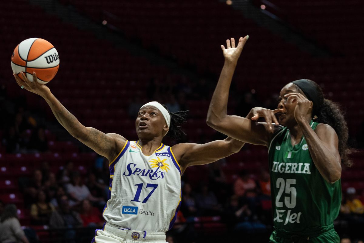 LA Sparks guard Erica Wheeler (17) shoots the ball at a WNBA basketball game against Team Nigeria,Saturday April 25th, 2026 in San Diego, California. LA Sparks guard Erica Wheeler (17) shoots the ball at a WNBA basketball game against Team Nigeria,Saturday April 25th, 2026 in San Diego, California.