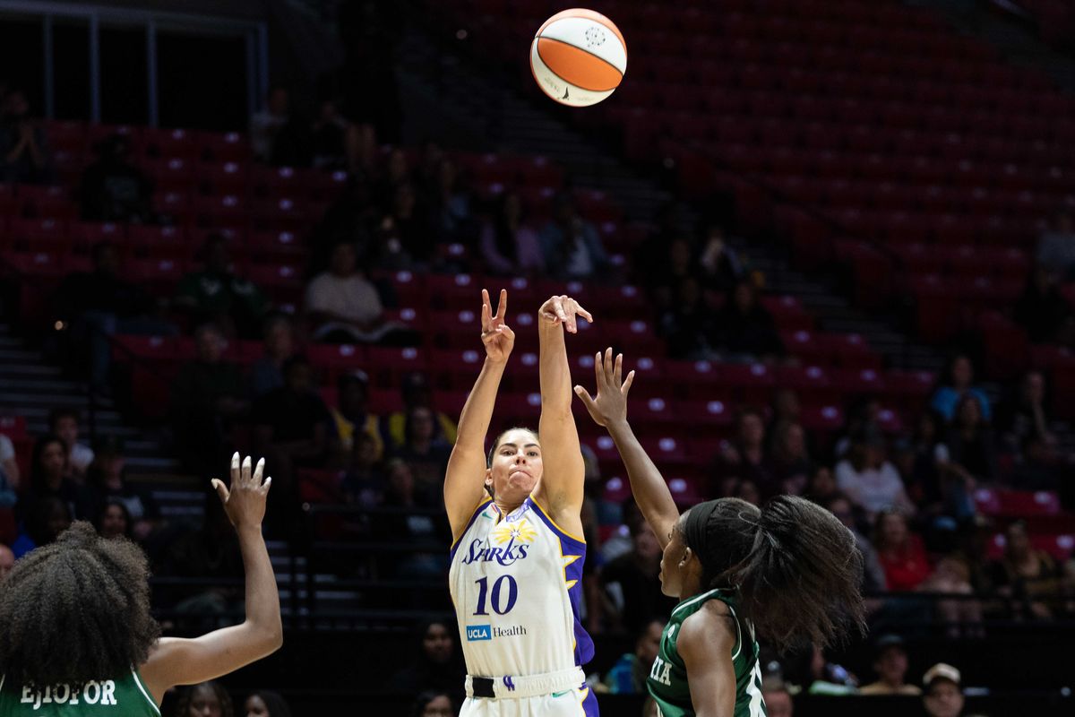 LA Sparks guard Kelsey Plum (10) shoots the ball at a WNBA basketball game against Team Nigeria,Saturday April 25th, 2026 in San Diego, California. LA Sparks guard Kelsey Plum (10) shoots the ball at a WNBA basketball game against Team Nigeria,Saturday April 25th, 2026 in San Diego, California.