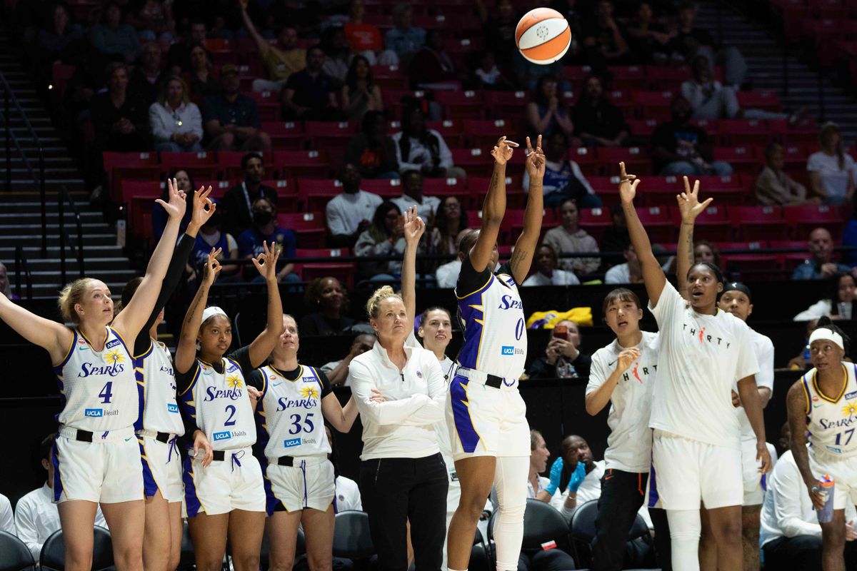 LA Sparks guard Ta’Niya Latson (0) shoots a three pointer at a WNBA basketball game against Team Nigeria,Saturday April 25th, 2026 in San Diego, California. LA Sparks guard Ta’Niya Latson (0) shoots a three pointer at a WNBA basketball game against Team Nigeria,Saturday April 25th, 2026 in San Diego, California.